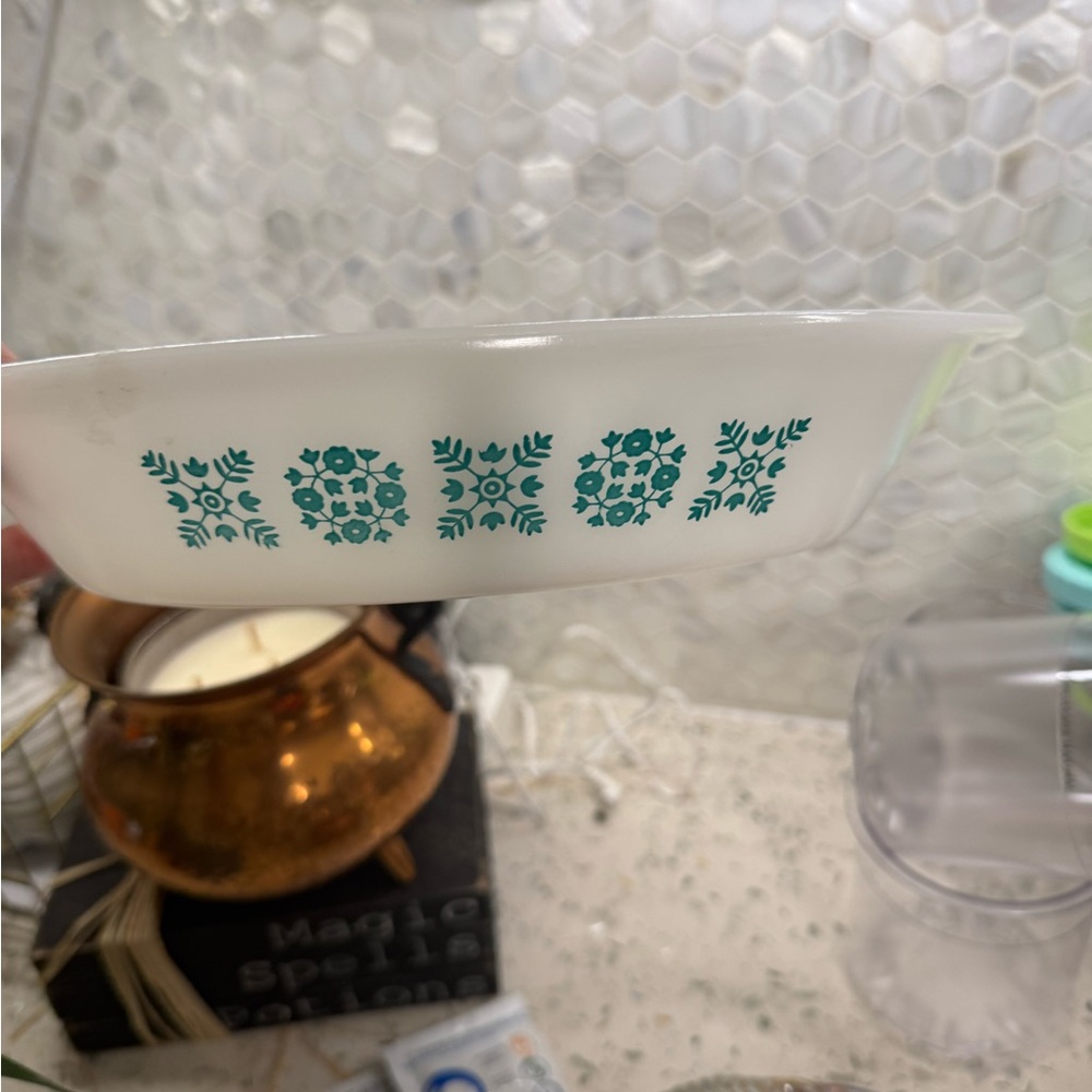 Vintage Floral or Snowflake Divided Glasbake Dish by Jeannette Milk Glass